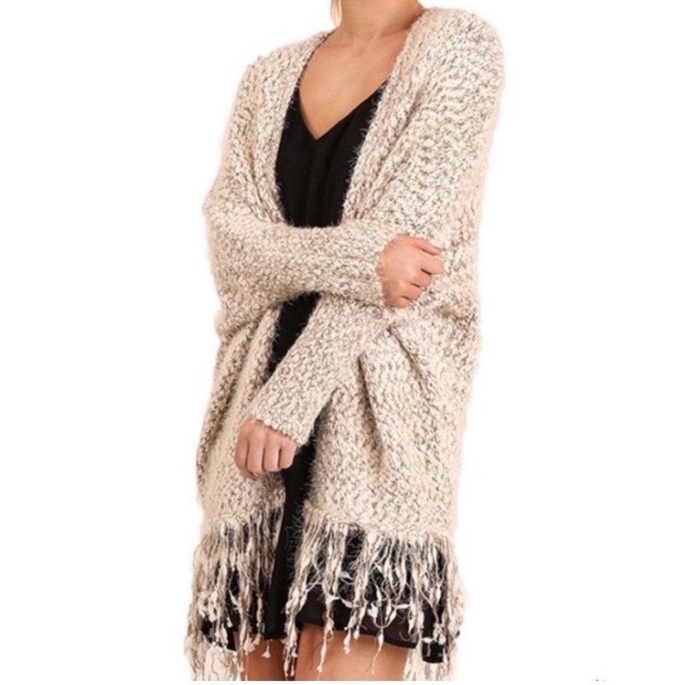 Umgee | Chunky Knit Fringed Dolman Sleeve Open Front Cotton Blend Cardigan S/M